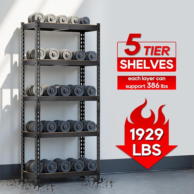 Storage Shelves 5 Tier Garage Shelving Heavy Duty Storage Rack, Adjustable Metal Shelving Unit, Garage Shelves for Basement Warehouse Pantry, 1930LBS, 72" H x 35.4" W x 15.7" D, Black