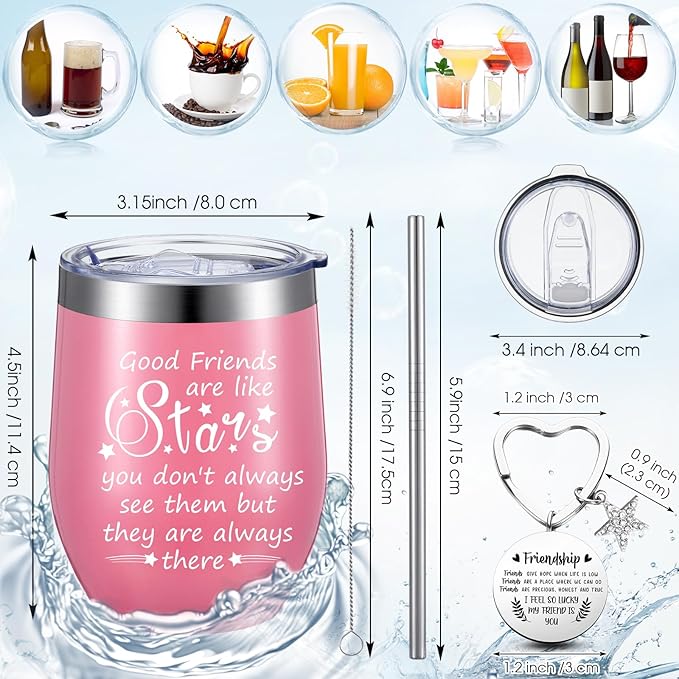 Sliner 6 Pack Friend Gift for Women Christmas Good Friends Are Like Stars Wine Tumbler Cup 12 oz Friendship Canvas Makeup Bag and Inspirational Keychain Xmas Gifts