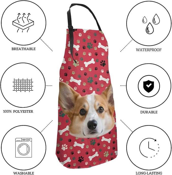 Custom Dog Face Apron for Men Women, Personalized Photo Bib Apron with Pockets, Customized Chef Aprons