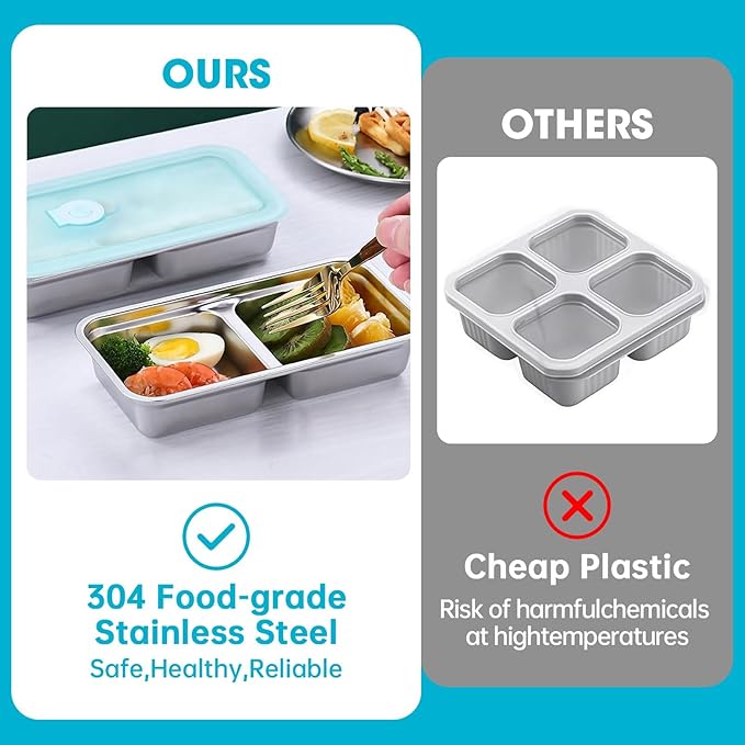 4 Pack Stainless Steel Snack Containers with Lids, 2-Compartment Reusable Food Storage Meal Prep Containers for Kids & Adults Lunch Boxes, School, Office, Travel, Camping
