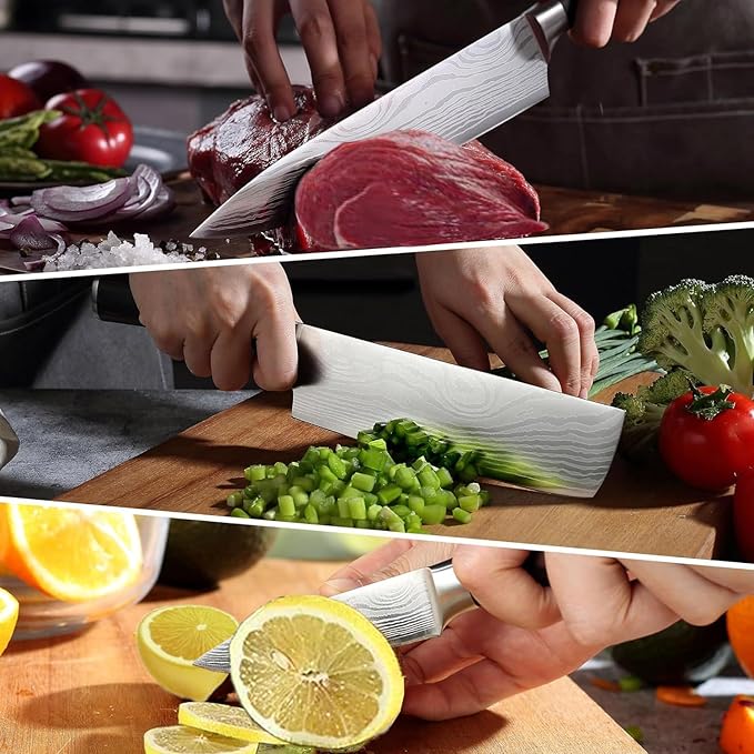 3 PCS Japanese Chef Knife Set – High Carbon Stainless Steel Nakiri Knives, Ultra Sharp Chef Knives, Multi-purpose Kitchen Knives for Precise Cutting, with Stylish Gift Box