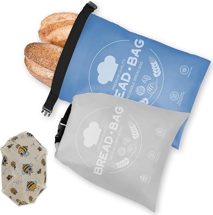 Bread Bags for Homemade with Beeswax Wrap - Zipper Reusable Bread Bag for Sourdough 2-Pack, Large Reusable Food Storage Bag to Keep Sourdough Fresh, Freezer-Safe, Eco-Friendly (Blue&Grey)