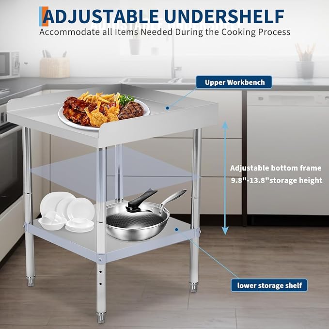 30x30x30 in Stainless Steel Equipment Grill Stand Table 400 LBS Capacity NSF Certified with Adjustable Legs, 2 in Edge Baffle, for Hotel, Home, Commercial Restaurant Kitchen