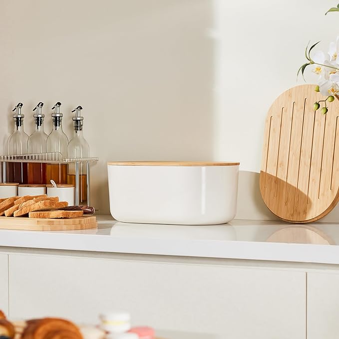 HouseJoy Large Bread Box for Kitchen Countertop,Fiber Bread Box With Cutting Board Lid,White Bread Storage for Homemade Container,Corner Bread Holder for Toast Bagel Donut Cookies