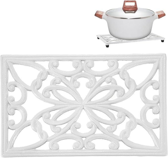 Sumnacon Rectangle 10 x 6.1 Inch Cast Iron Trivet - Rustic Heat Resistant Metal Trivet for Hot Dish Pot Pan Teapot, Vintage Sturdy Hot Plate Pad for Kitchen Dining Countertop Table,White