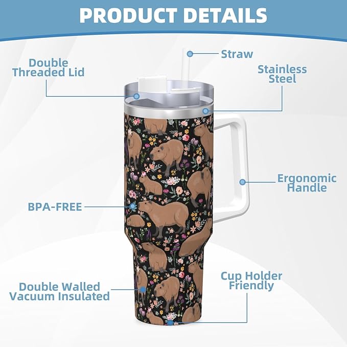 Capybara Gifts Capybara Tumbler Cute Water Bottle Cups for Girls, Teens, Women, Men Stainless Steel Vacuum Insulated 40oz Tumbler with Lid and Straw for Water, Iced Tea or Coffee, Black