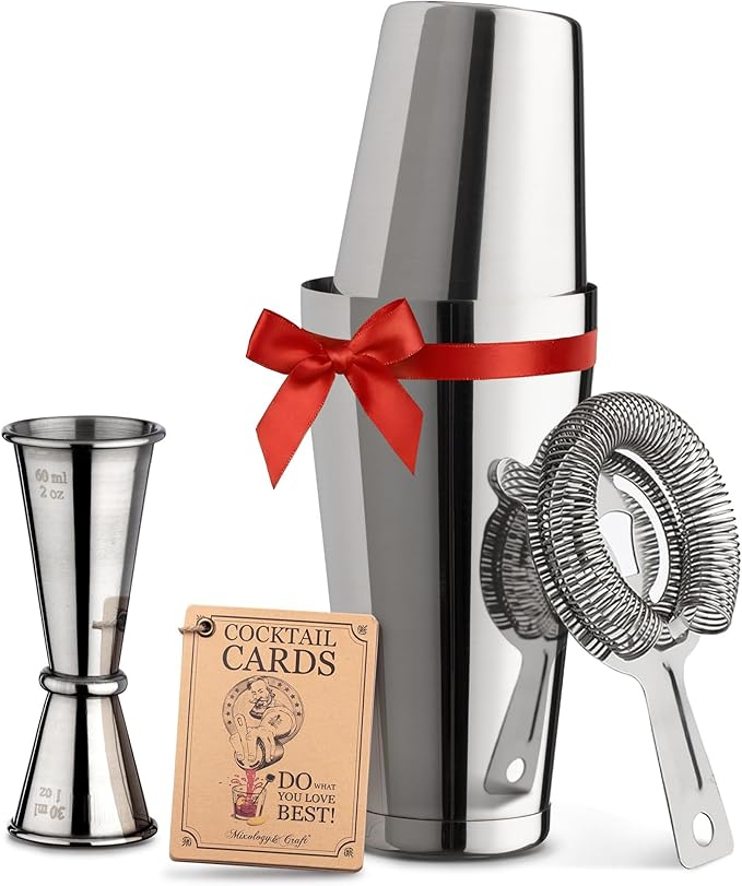 Mixology Cocktail Shaker Boston Shaker Set Professional Weighted Martini Shakers, Strainer and Japanese Jigger, Portable Bar Set for Drink Mixer Bartending, Exclusive Recipes Cards (Silver)