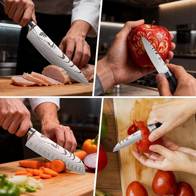 5-Piece Premium Japanese Kitchen Knife Set - Imperial Collection, Laser Damascus Pattern, 440A Stainless Steel Ultra Sharp for Fast Cutting (Redwood 5A)