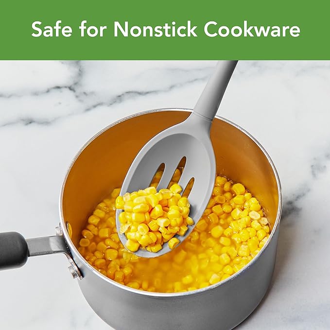 Tovolo Flex-Core Non-Stick All Silicone Slotted Deep Spoon Kitchen Utensil for Scooping and Serving – Heat-Resistant, Dishwasher Safe & BPA Free - Oyster Gray