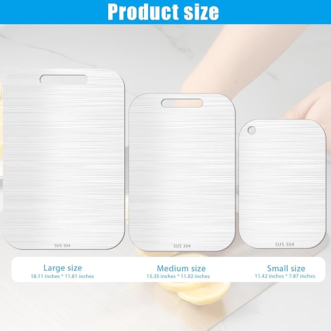 3PCS Stainless Steel Cutting Board Set, 304 Metal Kitchen Cutting Boards Non Toxic with Burr-Free Edges, Dishwasher Safe Non-Staining & Odor-Free for Meat, Vegetables, Fruits (S+M+L)