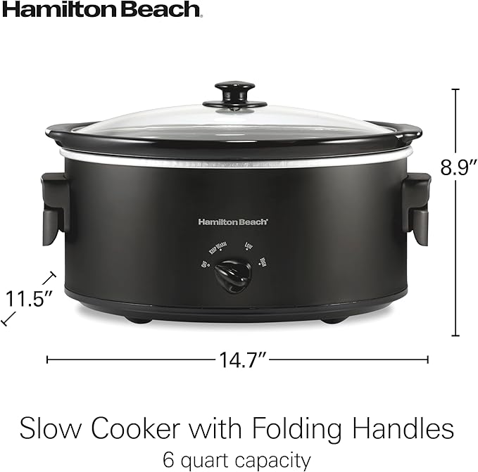Hamilton Beach 6 Quart Slow Cooker with Space-Saving Folding Handles, 3 Heat Settings, Dishwasher Safe Stoneware Crock and Glass Lid, Black (33664)
