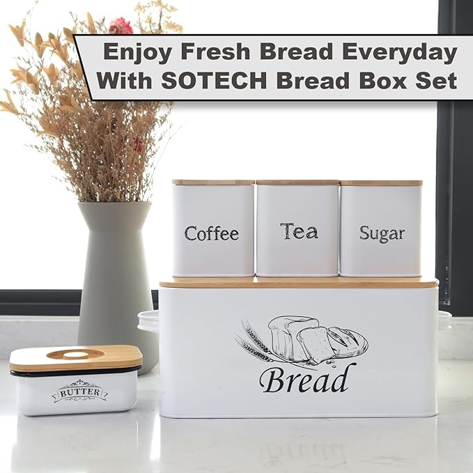 SOTECH Bread Box with 3pcs Jars Coffee Sugar Tea for Kitchen Countertop White Metal Bread Box with Bamboo Board Cover Pastry Storage Container Set Kitchen decor (bread box with jars and Butter Dish)