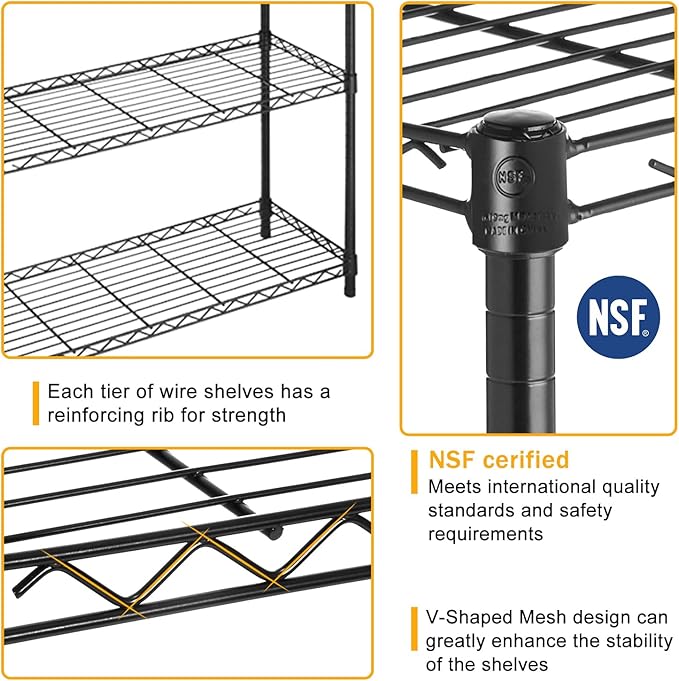 5-Shelf Metal Shelving Adjustable 1250Lbs Capacity, Storage Shelves for Garage Laundry Bathroom Kitchen Pantry Closet, NSF Certified Steel Organizer Wire Rack,Black, 72" H x 14" D x36 W