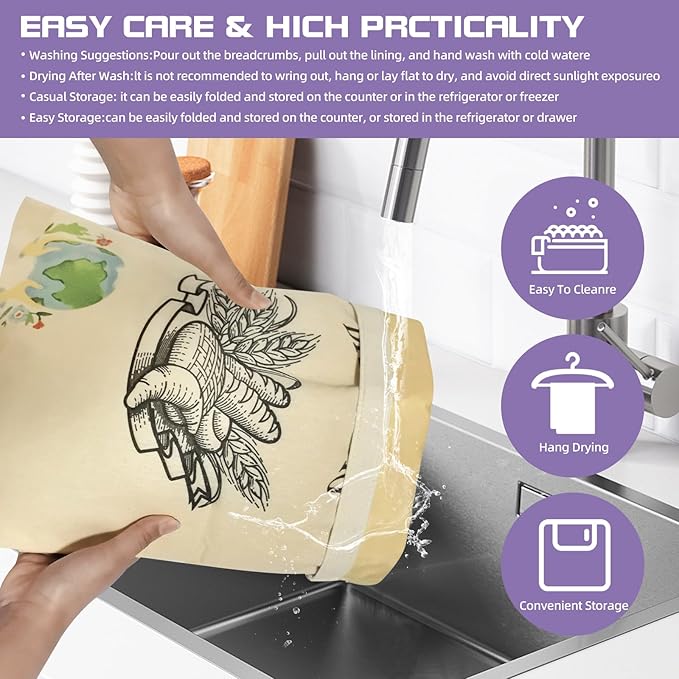 Reusable Beeswax Bread Bags, 2-Pack Large Organic Linen Bread Bags, Washable & Freezer-Friendly Food Storage Cloth for Sourdough, Homemade Bread – Preserves Freshness (Beige)