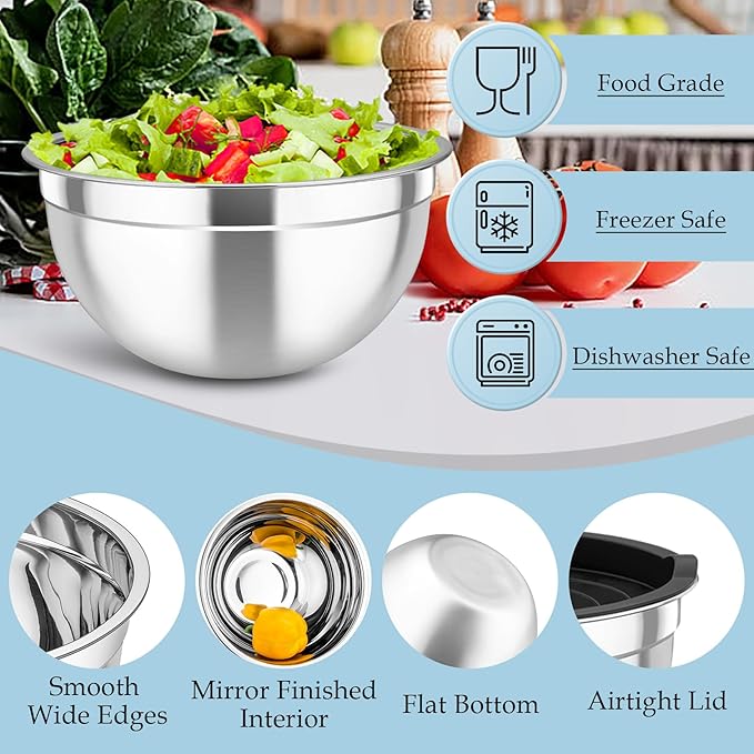 TeamFar Mixing Bowls, Stainless Steel Nesting Salad Bowls with Lids Set of 3 & 3 Grater Attachments, For Mixing/Serving/Storing, Non-toxic & Long-lasting, Size 4.6/3 / 1.5 QT, Black