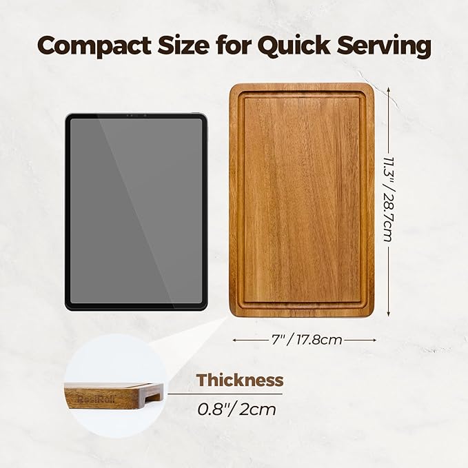 Acacia Wood Cutting Board for Kitchen - 0.8 inch Thick Wood Charcuterie Cheese Board with Side Handles and Juice Grooves, Wooden Chopping Block for Meat and Veggies, 11.5x7 inch