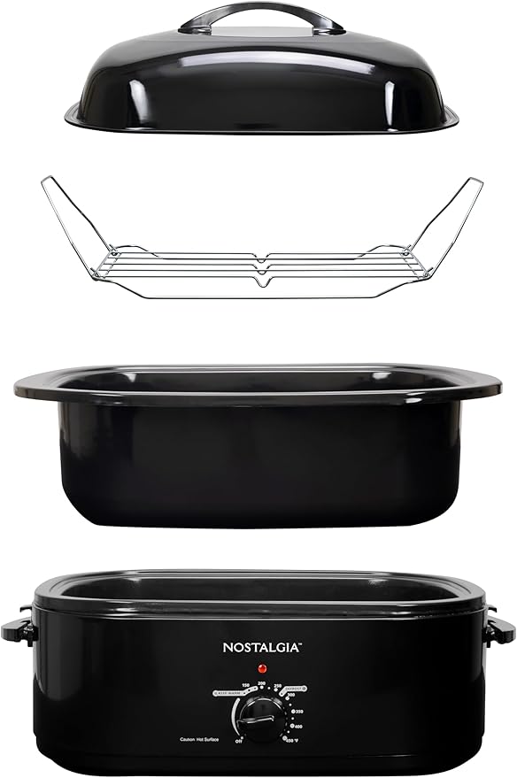 HomeCraft Nostalgia Electric Roaster Oven, 18-Quart Capacity for Turkey, Chicken, Meat, Vegetables, Full-Range Temperature Control, Lift-Out Rack, and Removable Enamel Pot Included, Black