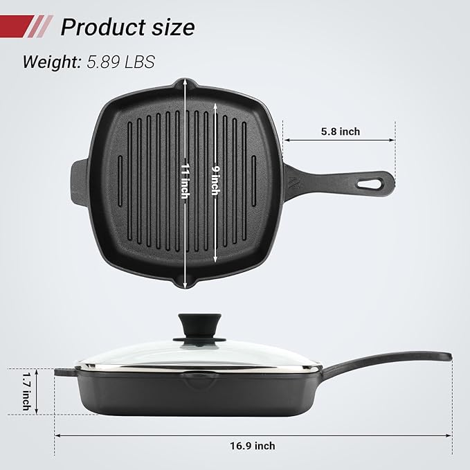 10.5 Inch Cast Iron Square Grill Pan with Tempered Glass Lid, Heavy Steak & Bacon Pans for Stove Tops