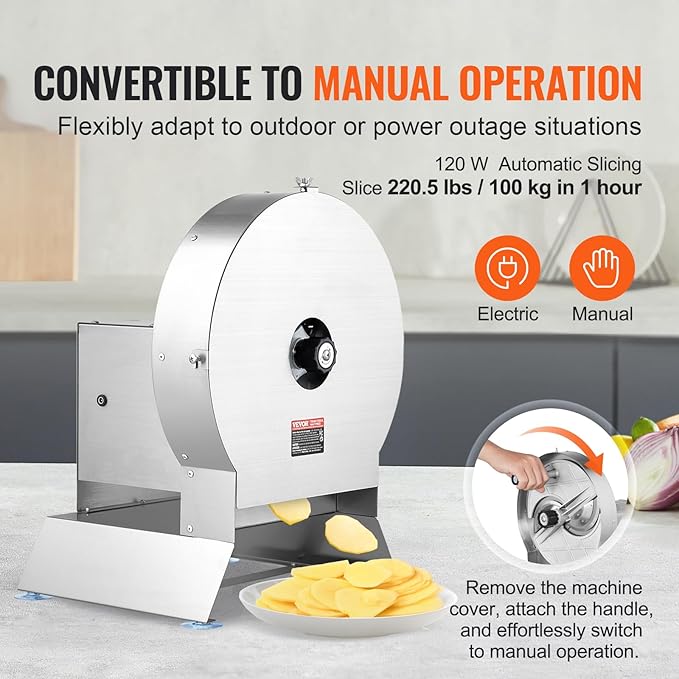 VEVOR Electric Vegetable Slicer, 0-0.5"/0-12mm Thickness Adjustable Commercial Slicer Machine, Convertible to Manual, Stainless Steel Food Cutter Slicing Machine, Large Feed Port for Potato, Tomato