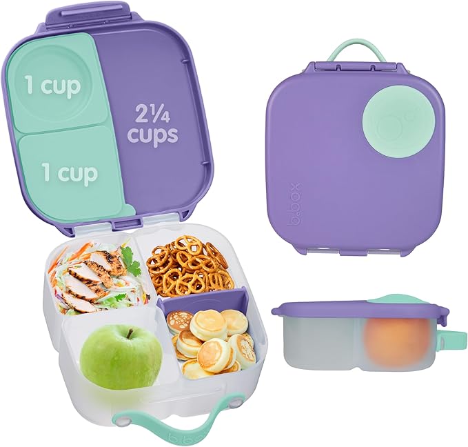 b.box Mini Lunch Box, Bento Box for Kids, Snack Container with 2 Leak Proof Compartments, Reusable Snack Containers with Lids, Kids Lunch Boxes Ages 3+, BPA Free, 4 1/4 Cup Capacity (Lilac Pop)