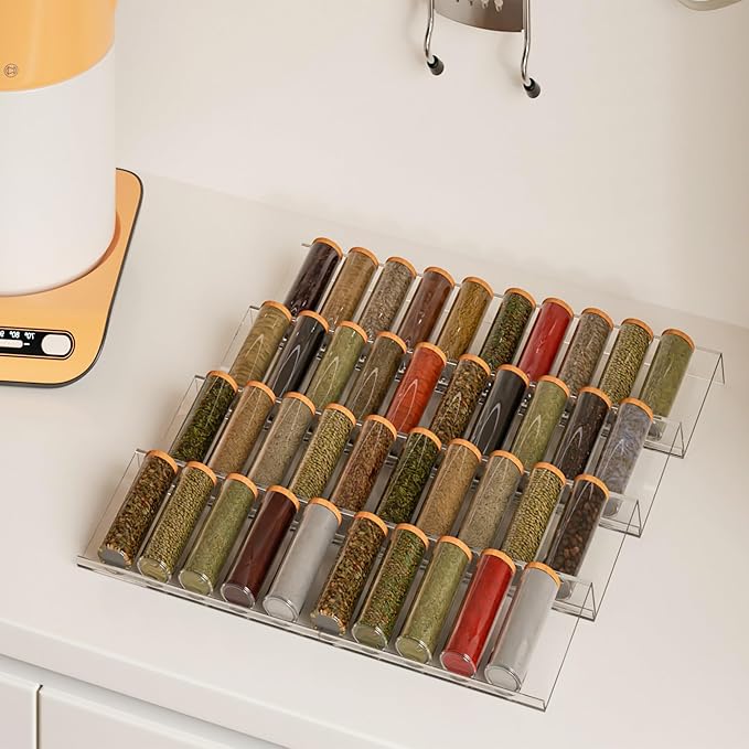 Expandable Acrylic Spice Drawer Organizer – 4-Tier Clear Seasoning Rack Insert for Kitchen Drawers, Adjustable from 9" to 18", Fits Most Spice Jars (Jars Not Included) 4-Pack