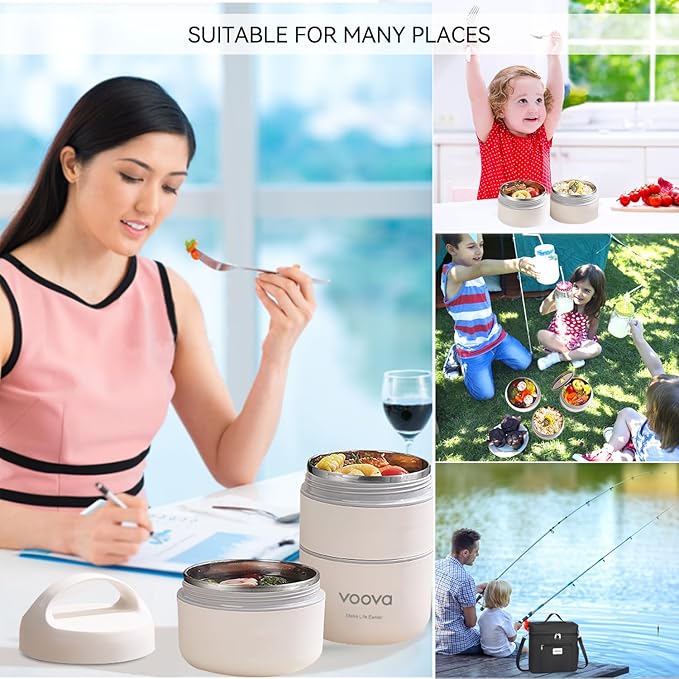 Voova Stackable Stainless Steel Thermal Lunch Box with Lunch Bag and Cultery Set for Adult Women Men, 3 Tier Leakproof & Microwave Safe Insulated Bento Boxes Food Container for Work, Black