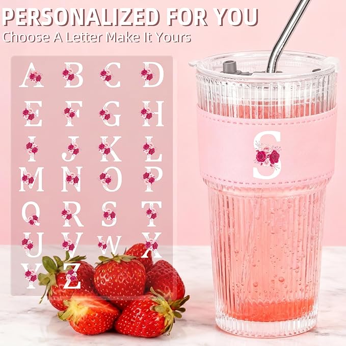 Personalized Gifts for Women,20oz Ribbed Glass Tumbler,Monogrammed Gifts for Women,Birthday Gift,Ice Coffee Mug,Christmas Gift for Mom Sister-S