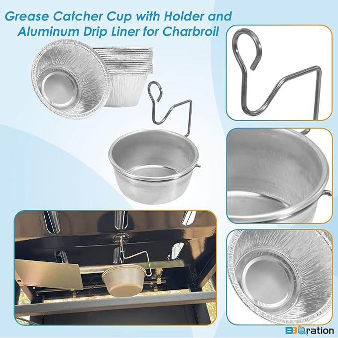Universal Grease Cup for Char-Broil Kenmore Outdoor Grills and Other Similar Grills, Grease Catcher Cup with Holder and 15-Pack Aluminum Drip Liner for Charbroil 5884694