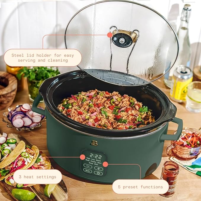 Beautiful 6 Qt Programmable Slow Cooker with Touch Control, Digital Timer and Keep Warm Function – Large Electric pot Capacity Kitchen Appliance by Drew-Barrymore (Thyme Green)