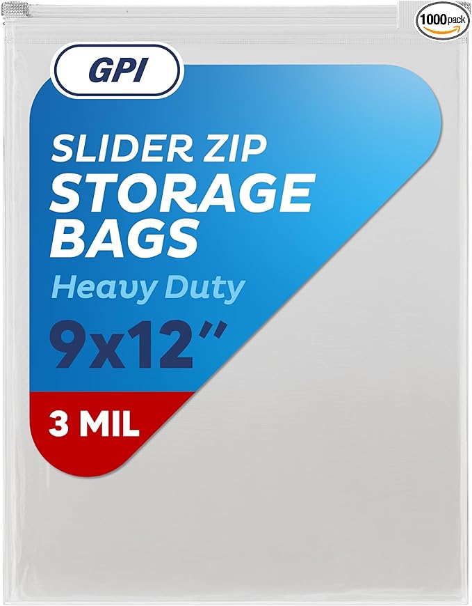1000 Count - Slider Zip Food Storage Bags, 9" x 12" 3 Mil Heavy Duty, Strong & Durable For Freezer Storage. GPI