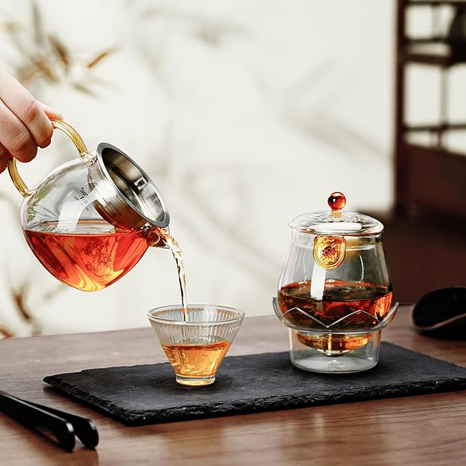 Easy to Soak Tea Pot, Total 560ml (18.94 oz) Glass Teapot with Base, Tea and Water Separation Magic Teapot for Stovetop, Home, Office or Solo Tea Drinking