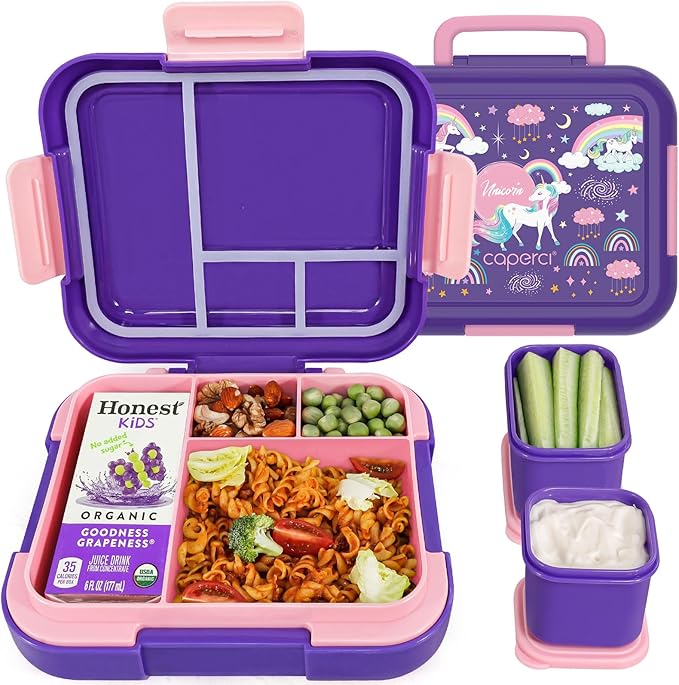 Caperci Bento Box for Kids - Leak-Proof Lunch Box Snack Container with 2 Modular Containers & 4 Compartments, Hold 4.8 Cups, Portable Handle, BPA-Free, Microwave/Dishwasher Safe (Unicorn)