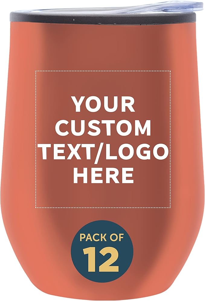 Custom Stemless Wine Tumblers 12 oz. Set of 12, Personalized Bulk Pack - Insulated, Perfect for Wine, Cocktails, Other Hot & Cold Beverages - Rose Gold