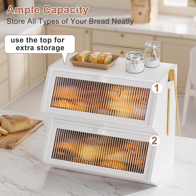 WOWLIVE Double Layer Bread Box for Kitchen Countertop, Large Bamboo Bread Storage Container for Homemade Bread, Farmhouse Bread Holder for Kitchen Counter Cabinet, Pantry, (White, Extra Large)