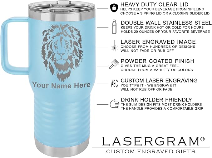 LaserGram 20oz Vacuum Insulated Travel Mug with Handle, Tiki Statue, Personalized Engraving Included (Light Blue)