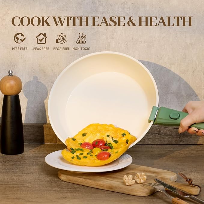 Ceramic Cookware Set 23Pcs Non Stick Pots and Pans Non Toxic with Detachable Handle Induction Kitchen Cookware Set Space Saving, Oven & Dishwasher Safe, Forest Green