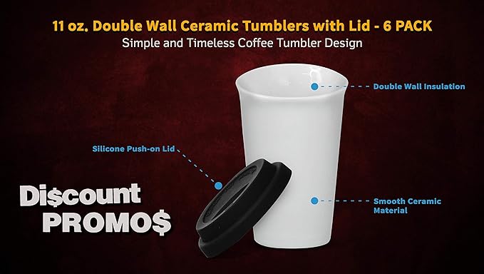 DISCOUNT PROMOS 11 oz. Double Wall Ceramic Tumblers with Lid - 6 Pack - Black