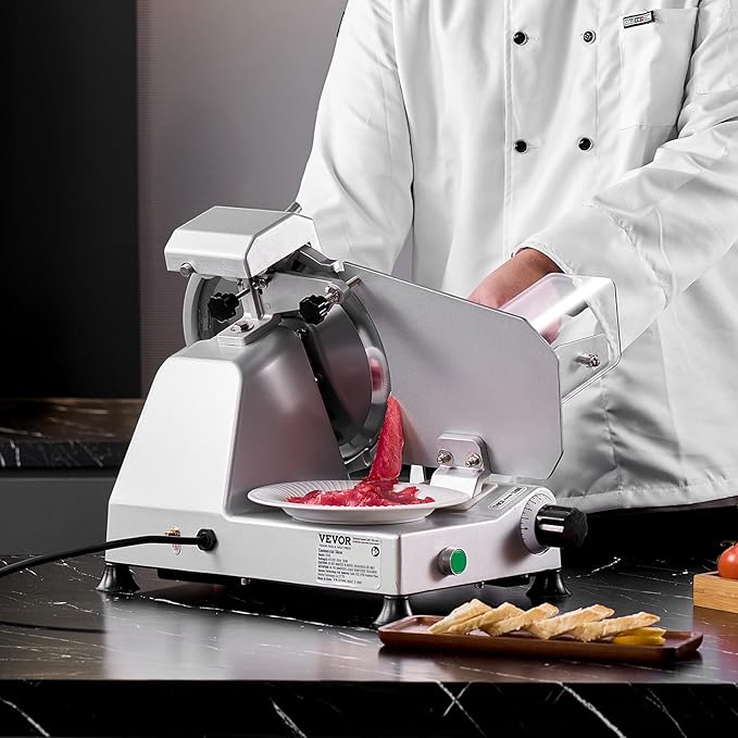VEVOR Commercial Meat Slicer, 10 inch Electric Deli Food Slicer, 180W Cutter with a Premium 65Mn Blade, 0-0.4 inch Adjustable Thickness, Food Slicer Machine for Meat Vegetables Hard Bread Cheese