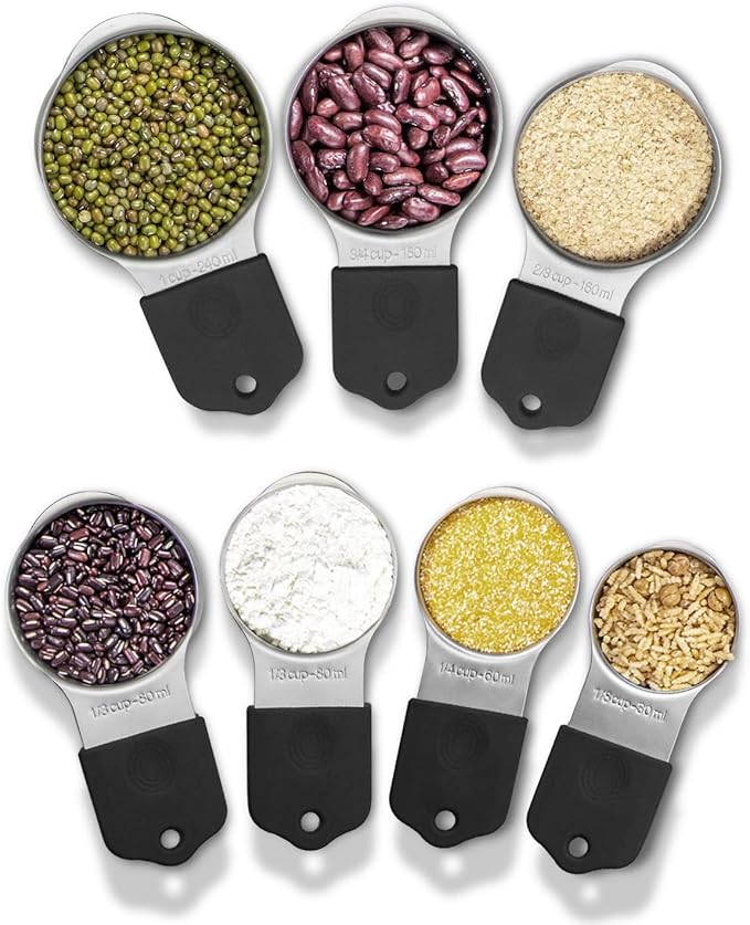 Magnetic Measuring Cups Set, 7 Pieces 18/8 Stainless Steel Stackable Nesting Heavy Duty Metal Measure Cups, Silicone Handle kitchen Tools for Dry and Liquid Ingredients, Dishwasher Safe (Black）