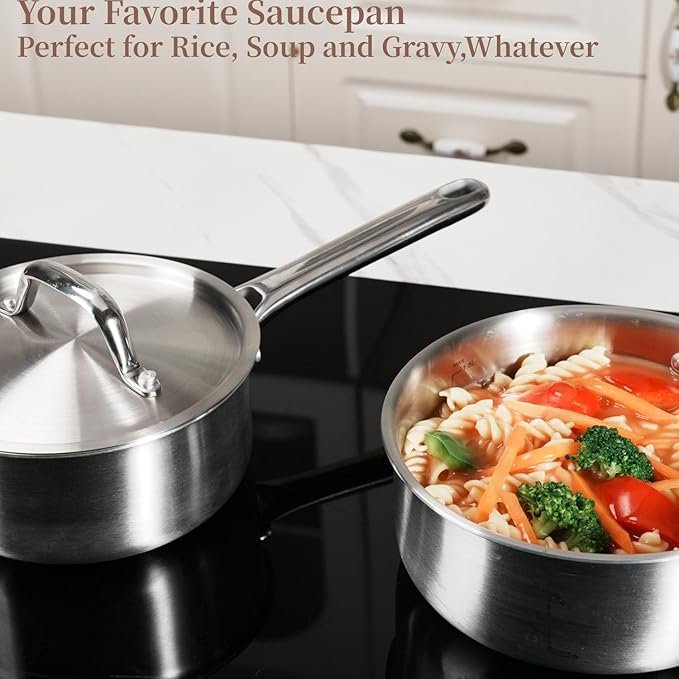 Saucepan Set with Lids,3-Ply Stainless Steel 2QT and 3QT Cooking Pot,Professional Grade Cookware,Induction Compatible