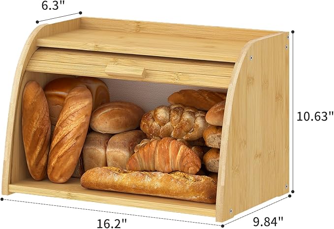 Bread box for kitchen countertop, Bamboo bread storage, Roll-Top bread container, Farmhouse bread holder for homemade bread (single layer)
