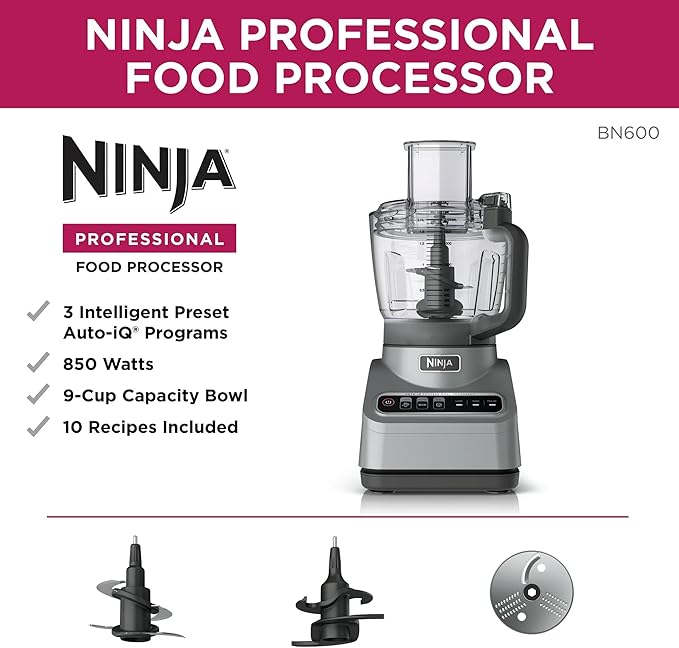 Ninja Professional Food Processor, 850 Watts, 9-Cup Capacity, Auto-iQ Preset Programs, Chop, Slice, Shred & Puree, Stainless Steel Blades, Dishwasher-Safe Parts, Silver (BN600)
