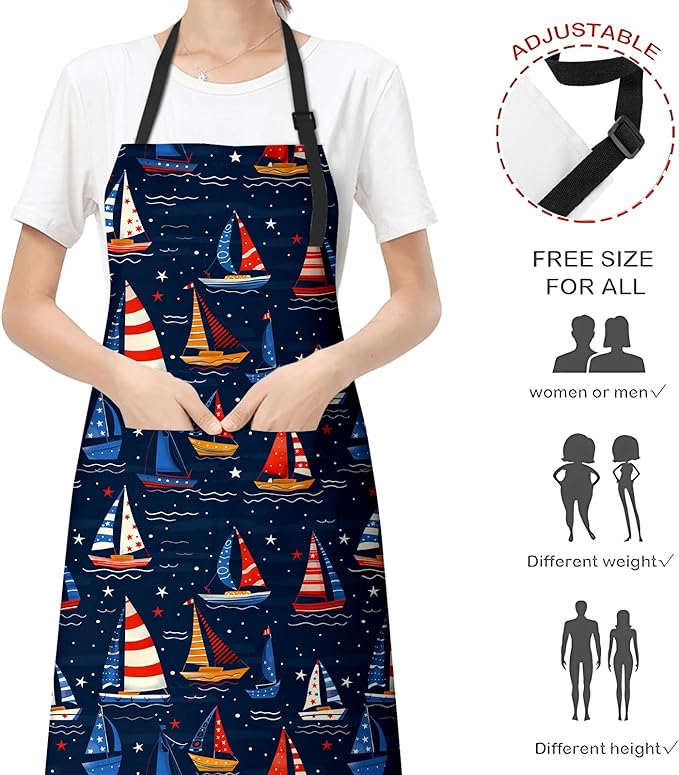 Beautiful Sailboat Apron for Women Men, Cooking BBQ Chef Polyester Lightweight Nautical Design Aprons with Pockets for Baking Kitchen Gardening Cleaning, Adjustable Neck Strap, 28×33inch