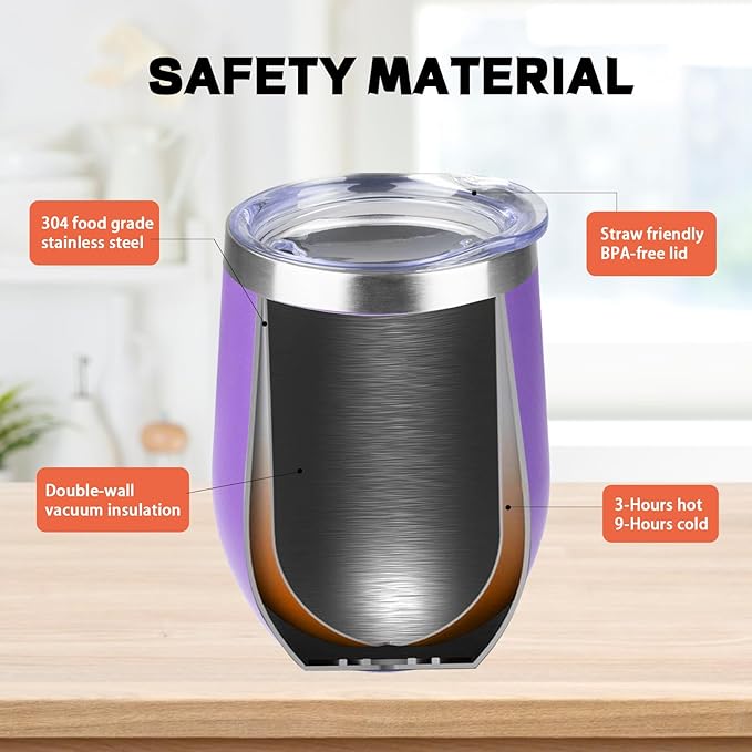 StarSpeed 12oz/8 Pack Wine Tumbler with lid, Stainless Steel Travel Mugs Stemless Double Wall Insulated Coffee Cup, Insulated Wine Glasses Travel Tumbler for Cold & Hot Drinks(Purple, 8)