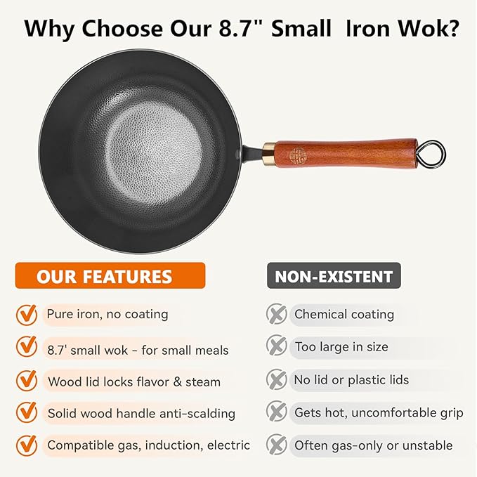 WANGYUANJI 8.7" Flat Bottom Iron Wok – Small Stir Fry Pan with Wooden Lid, No Coating, Induction Compatible, Ideal for Everyday Cooking