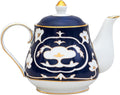 Blue and White Tea Pot - 28 oz. Bone China Teapot with White Vintage Design - Elegant Tea Serving Pot for Kitchen and Gift for Women, Men, Adults and Tea Lovers (Teapot)