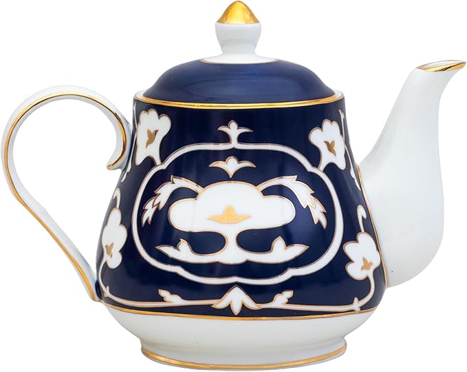 Blue and White Tea Pot - 28 oz. Bone China Teapot with White Vintage Design - Elegant Tea Serving Pot for Kitchen and Gift for Women, Men, Adults and Tea Lovers (Teapot)