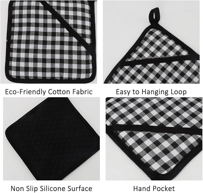 Pot Holders for Kitchen 2 Pack Heat Resistant Hot Pads for Kitchen Counter Decor Silicone Non-Slip Hot Pads with Soft Cotton Lining Pot Holder Trivets for Kitchens Oven Cooking Baking Pans,Black Plaid