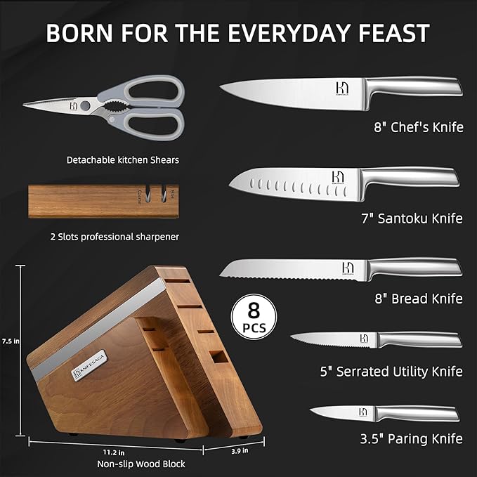 Kitchen Knife Block Set, 8-Piece with Sharpener | Japanese High Carbon Stainless Steel Knives with Ergonomic Handles