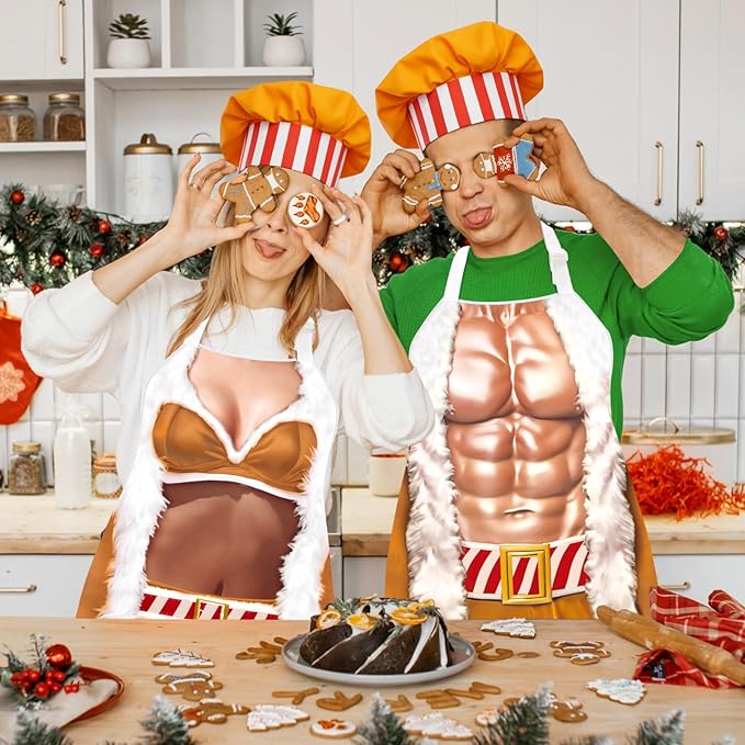 4 Pcs Christmas Aprons with Hats for Women Men Adjustable Kitchen Funny Cooking Aprons for BBQ Party